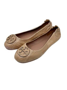 TORY BURCH~Minnie~TRAVEL BALLET FLAT~COBRA EMBOSSED LEATHER REVA NUDE BEIGE SZ 8
